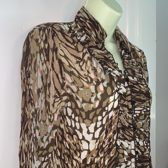 New Directions petite brown water colors ruched front crinkle cloth blouse - Picture 5 of 9